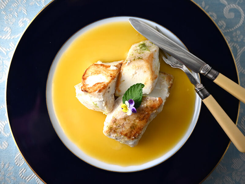 Butter Poached Halibut with Lime-Vanilla Sauce