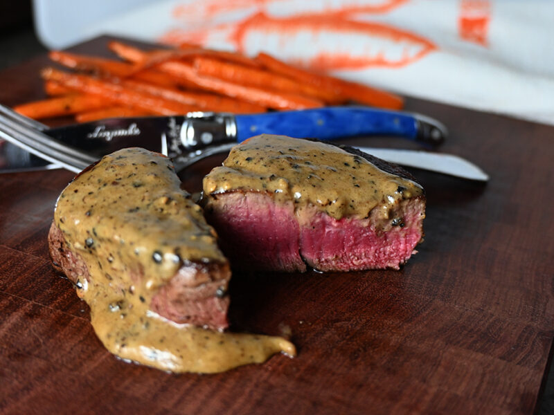 Seared Filet Mignon in Bourbon-Honey Dijon-Peppercorn Cream