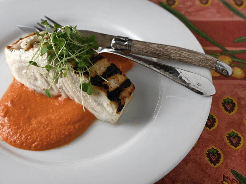 Grilled Halibut with Piquillo Pepper-Almond Sauce